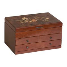 a small wooden box with flowers painted on it's sides and two drawers below the lid