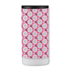 a pink and blue flower pattern on a stainless steel travel mug with black rims