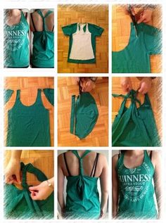 the instructions for how to tie an apron on top of a green tankie shirt