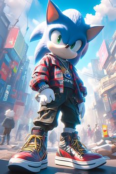 sonic the hedgehog stands in front of a cityscape with buildings and people