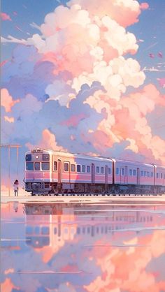 a painting of a train on the tracks with pink clouds in the sky behind it