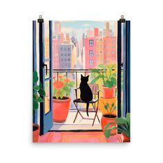 a painting of a cat sitting on a chair in front of a window with potted plants