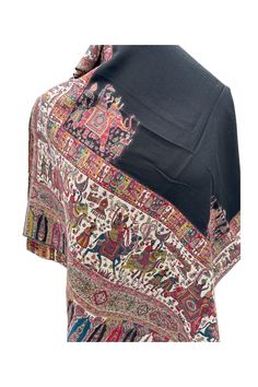 Made with pashmina wool, this shawl portrays Mughal period art and represent the Mughal history. Expertly crafted for both warmth and style, this shawl is made from premium pashmina wool and features stunning Mughal period art that pays homage to the rich history of the Mughal empire. size : 70/200 Contents : 50 % wool & 50% cotton Traditional Pashmina Scarf With Traditional Drape, Transitional Shawl With Motifs, Multicolor Pashmina Shawl, Pashmina Shawl With Traditional Patterns, Multicolor Pashmina Shawl Dupatta, Traditional Pashmina Silk Scarf With Patterns, Traditional Pashmina Scarf With Traditional Patterns, Pashmina Scarves With Motifs In Traditional Drape, Traditional Pashmina Scarves With Traditional Patterns