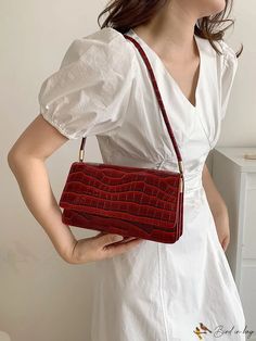 BirdinBag - Womens Red Crocodile-Patterned Purse: Handbag & Shoulder Bag Leather Baguette Bag With Crocodile Pattern, Burgundy Rectangular Mobile Phone Bag, Red Top Handle Bag With Crocodile Pattern, Daily Use Crocodile Pattern Shoulder Bag, Red Double Handle Bag With Mobile Phone Pocket, Red Double Handle Bag For Mobile Phone, Red Double Handle Bag With Crocodile Pattern, Rectangular Shoulder Bag With Crocodile Pattern, Rectangular Crocodile Pattern Shoulder Bag