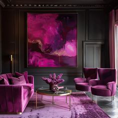 a living room with purple furniture and art on the wall