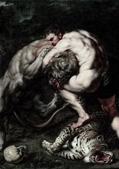 a black and white painting of a man wrestling with a tiger