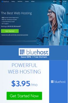 the bluehost web hosting page is shown with an image of a woman in a hoodie