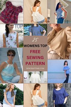 women's top sewing patterns with text overlay that reads 25 free sewing patterns