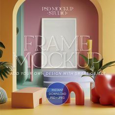 the front cover of frame mockup with small objects and plants in vases next to it