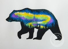 a painting of a bear with the aurora lights on it's back and trees in the background