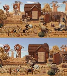 two pictures of an old farm house with windmills