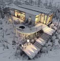 this is an artist's rendering of a modern house in the woods at night