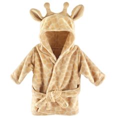 a giraffe robe is shown with the hood pulled over it's ears