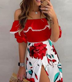 Women's Fashion Sexy Printed Split Dress sold by woosus on Storenvy Off Shoulder Ruffle Top, Two Pieces Set Outfits, Scallop Trim, Split Skirt, Off Shoulder Fashion, Split Dress, Trim Top, Lace Midi, Measurement Chart