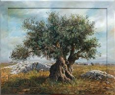 a painting of an olive tree in the middle of a field with rocks and grass