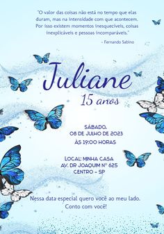 a blue and white flyer with butterflies on it