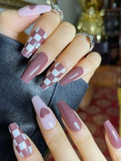 Comment and follow for more Pink And Brown Checkered Nails, Checkered Coffin Acrylic Nails, Checkered Heart Nails, Checker Nail Art, Nail Designs Dark Colors, Checker Nail Designs, Nail Art Checkered, Nail Designs Checkered, Pink Checkered Nails