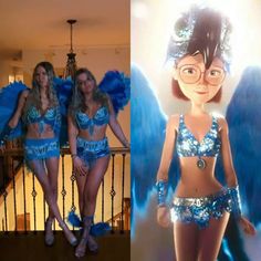 two women in blue costumes standing next to each other and one is wearing an angel costume