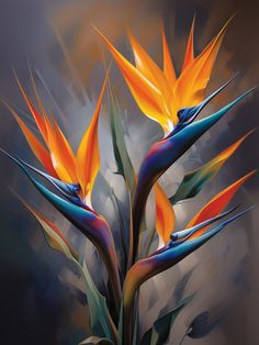 an artistic painting of birds of paradise flowers