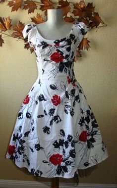 Mid Century Noir White Crinoline Black Floral Red Deco Roses Circle Dress S-2X #HRLondon #Swing #All Dresses Xs, Black Floral, Pin Up, Short Sleeve Dresses