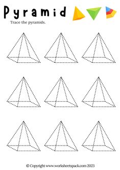 printable worksheet for children to learn how to draw pyramids and triangles