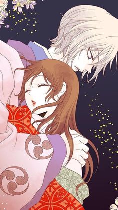 two anime characters hugging each other with flowers in the back ground and stars above them