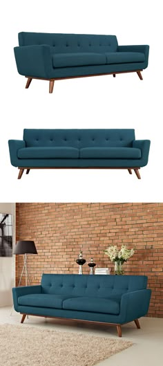 two different views of the same couch and one is in front of a brick wall