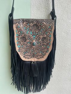 genuine leather   black  31 cm  x 31 cm  actual bag size  fringe  30 cm   adjustable shoulder strap  fully lined with an inside pocket  out pocket on the back   amazing workmanship  floral - sunflower design   can be made in other colours  upon request Black Fringe Purse, Black Fringed Shoulder Bag For Festival, Black Fringe Shoulder Bag For Festival, Black Hand Tooled Tote Shoulder Bag, Black Hand Tooled Tote Bag, Leather Sunflower, Fringe Purse, Fringe Bags, Sunflower Design