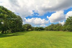 an empty field with trees and clouds in the background