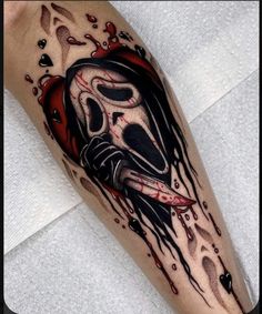 Slashers Tattoo Ideas, Slasher Tattoo Sleeve, Billy Loomis Tattoo, Scream Tattoo Design, Matching Horror Tattoos, Horror Film Tattoo, Horror Tattoo Sleeve, Horror Sleeve Tattoo, Ghostface Tattoo Design