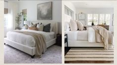 there are two pictures of a bedroom with white furniture and neutral colors on the walls