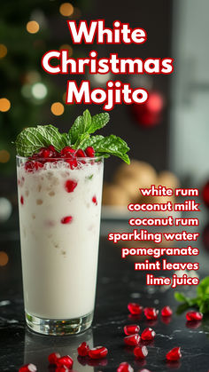 White Christmas Mojito Santa Claus Cocktail, White Christmas Cocktails Easy, Holiday Paloma Cocktail, White Rum Christmas Cocktails, Christmas Alcoholic Beverages, Coconut Christmas Mojito, French Kiss Cocktail, Christmas Day Drinks, Christmas Mojito Holiday Cocktails