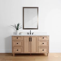 a bathroom vanity with a mirror above it and a plant on the counter next to it