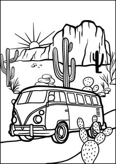 a van parked in the desert with cactus and cacti