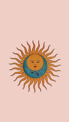 a drawing of the sun with its face drawn on it's side, against a pink background