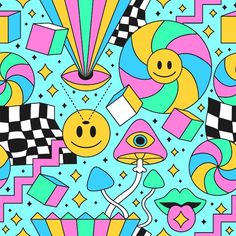 an abstract pattern with different colored shapes and faces on blue, green, pink, yellow and black colors