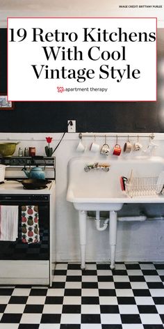 an old fashioned kitchen with black and white checkerboard flooring is featured in this magazine