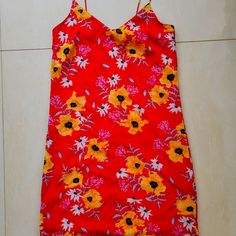 Yellow Flowers On Red Dress Nwot Size 6 Vibrant Red Mini Dress For Summer, Vibrant Red Floral Print Dress, Red Floral Print Mini Dress For Vacation, Red Floral Print Summer Mini Dress, Red Floral Mini Dress For Vacation, Vacation Red Mini Dress With Floral Print, Red Floral Summer Mini Dress, Red Summer Dress By H&m, H&m Red Summer Dresses