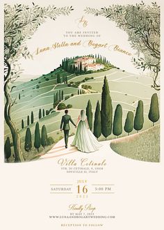 a wedding card with an illustration of a bride and groom walking down a path in the countryside