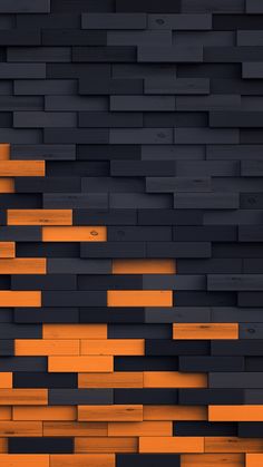 an orange and black brick wall that is made out of wood planks or bricks