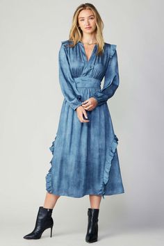 Emmaline Trompe L'oeil Midi Dress – CURRENT AIR Long Sleeve Denim Dress, Gathered Bodice, Midi Ruffle Dress, Long Sleeve Midi, Long Sleeve Midi Dress, Fall Wardrobe, Ruffle Trim, Ruffle Dress, Item Number