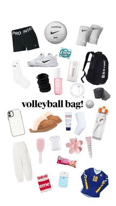 the words volleyball bag are surrounded by sports items