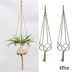 three hanging planters with plants in them and one has a potted plant on it