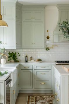 a kitchen with white cabinets and green plants in the corner, along with a rug on the floor