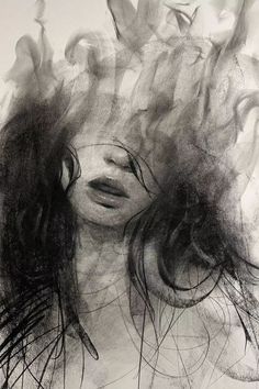 a drawing of a woman's face with her hair blowing in the wind