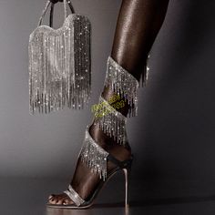 Tassel Crystal Ankle Wrap Fashion Sandals Stiletto Thin High Heel Open Toe Crystal Strap Bling Bling Sequin Shoes, Designer Party Dresses, Fringe Sandals, Elegant Sandals, Crystal Sandals, Wrap Heels, Stiletto Sandals, Fashion Sandals, Designer Sandals