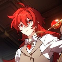 an anime character with red hair and glasses holding a wand in one hand while looking at the camera