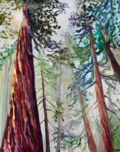 an oil painting of trees in the forest