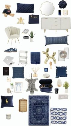 a collage of blue and white items including a chair, rug, mirror, tablecloth