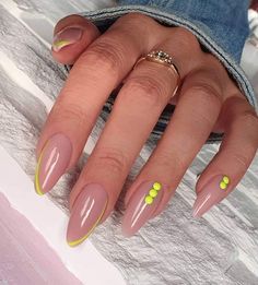 Jul 24, 2021 - This Pin was discovered by Romina Alvarez. Discover (and save!) your own Pins on Pinterest Cool Nail Trends, Minimal Oval Nails, Neon Nails Designs Almond, Professional Work Nail Designs, Trendy Nails 2023 Summer Almond, Tan And Neon Nails, Faded Color Nails, Metallic Gold Nails Almond, Modern Simple Nail Design